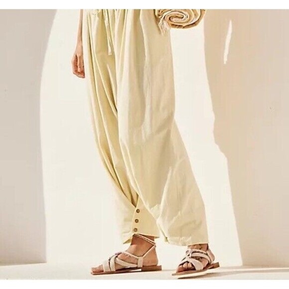 New Free People Paper Bag Waist Tapered Tie Waist Trousers Size XS Yellow 8-12 - Picture 4 of 16